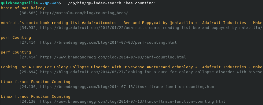 Screenshot for a search of 'bee counting' at the command line