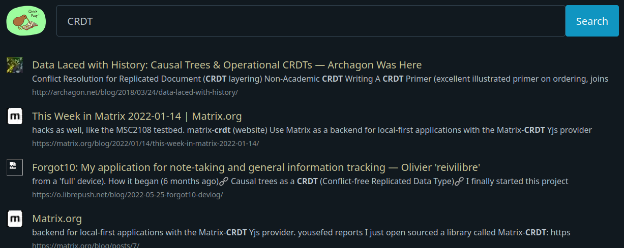 Screenshot of a search for 'CRDT' in QuickPeep